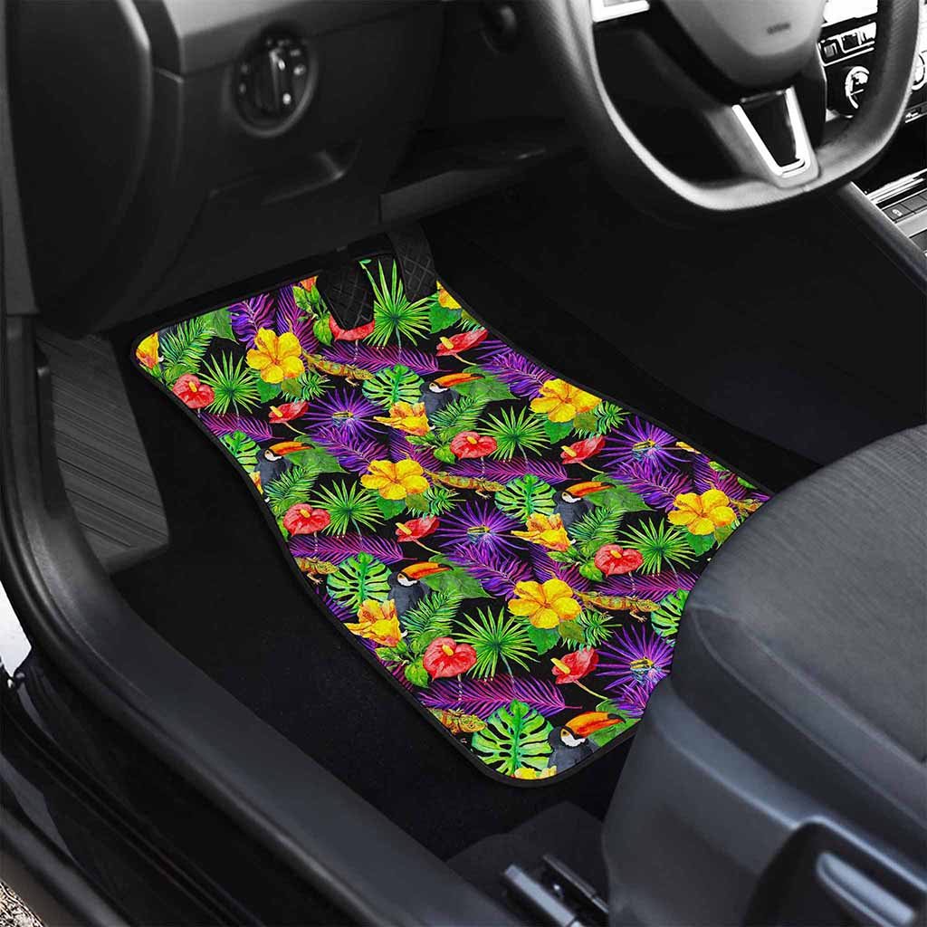 Dark Hawaiian Tropical Pattern Print Front and Back Car Floor Mats