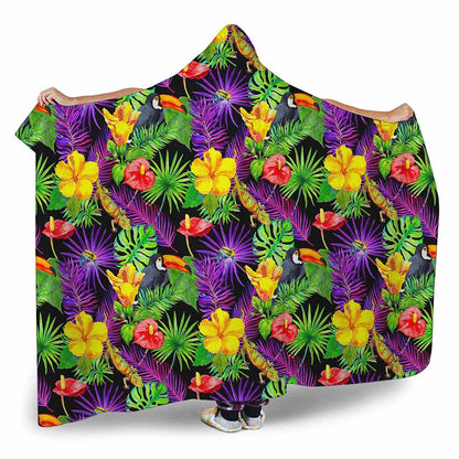 Dark Hawaiian Tropical Pattern Print Hooded Blanket