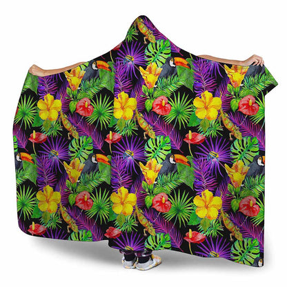 Dark Hawaiian Tropical Pattern Print Hooded Blanket