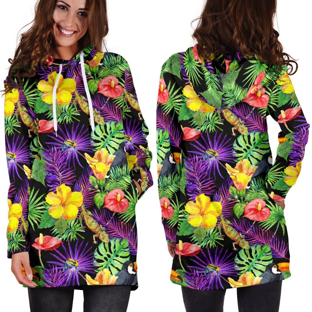 Dark Hawaiian Tropical Pattern Print Hoodie Dress GearFrost