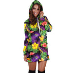 Dark Hawaiian Tropical Pattern Print Hoodie Dress GearFrost