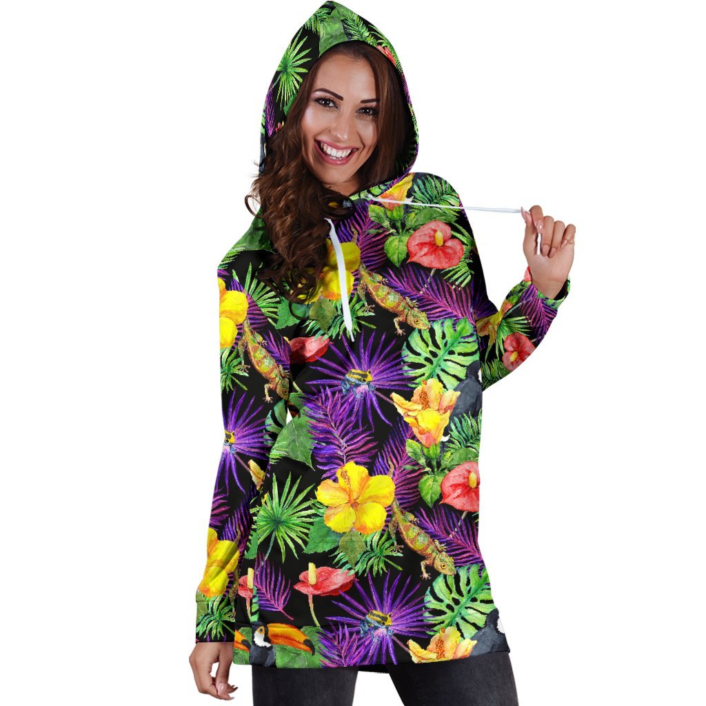 Dark Hawaiian Tropical Pattern Print Hoodie Dress GearFrost