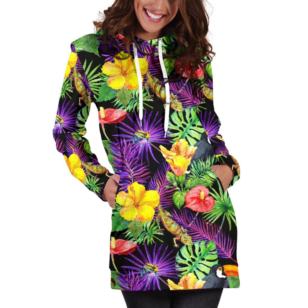 Dark Hawaiian Tropical Pattern Print Hoodie Dress GearFrost