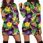 Dark Hawaiian Tropical Pattern Print Hoodie Dress GearFrost