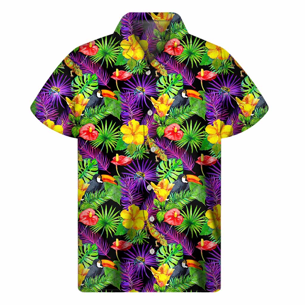 Dark Hawaiian Tropical Pattern Print Men's Short Sleeve Shirt