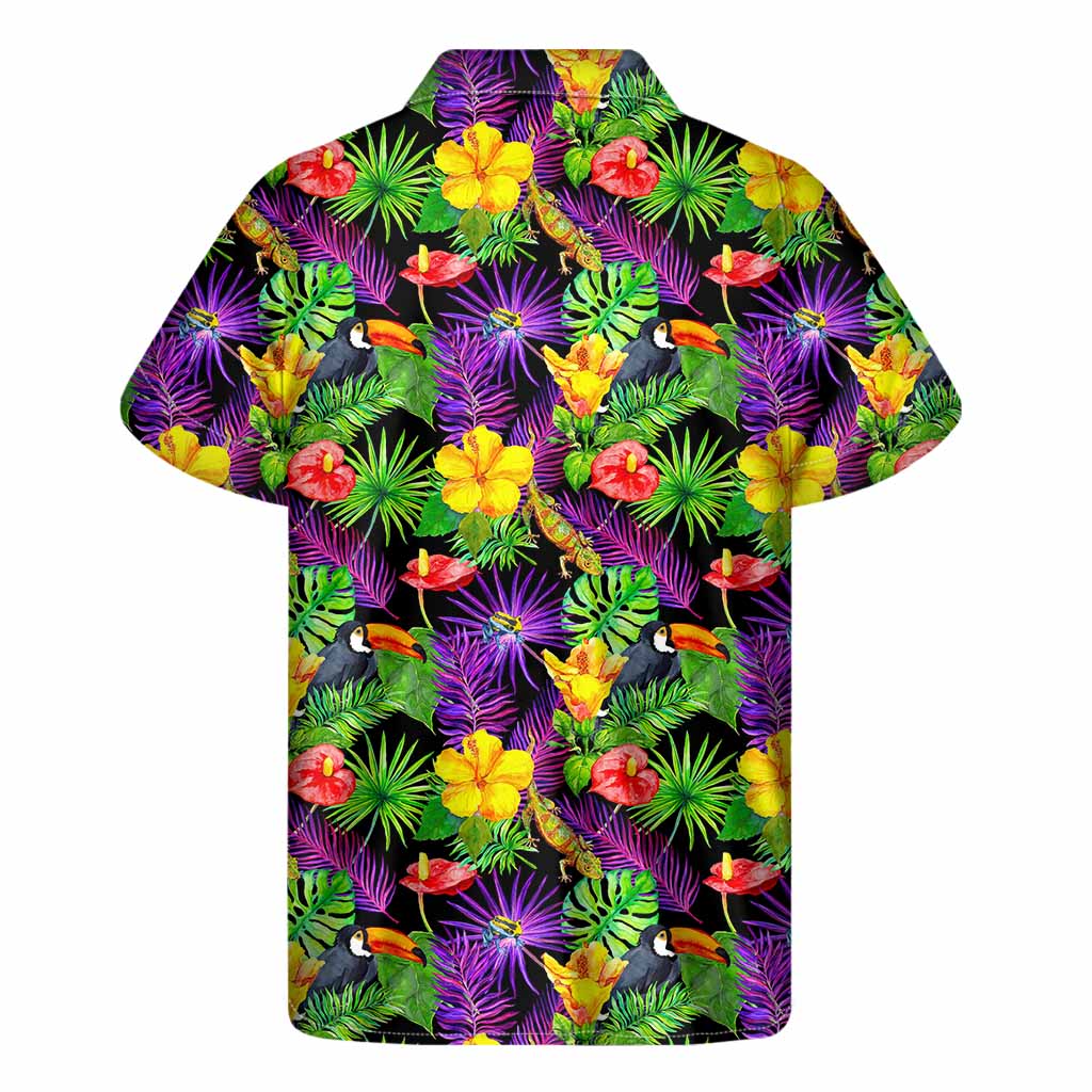 Dark Hawaiian Tropical Pattern Print Men's Short Sleeve Shirt