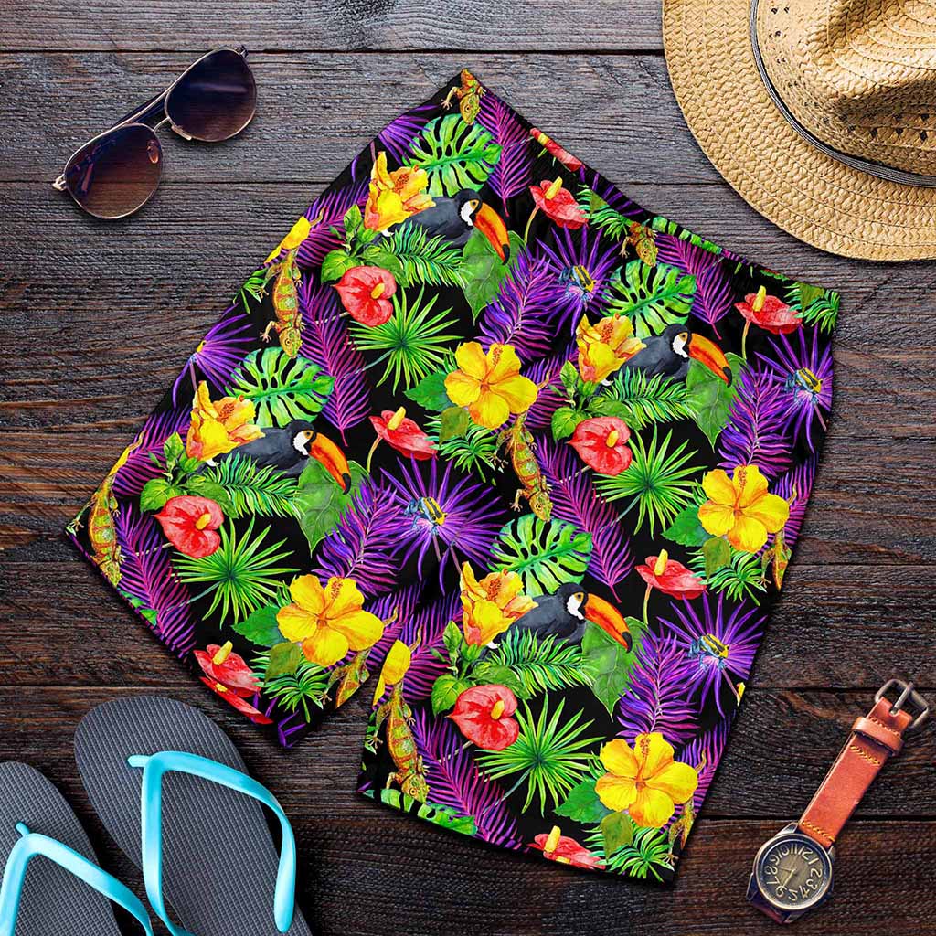 Dark Hawaiian Tropical Pattern Print Men's Shorts