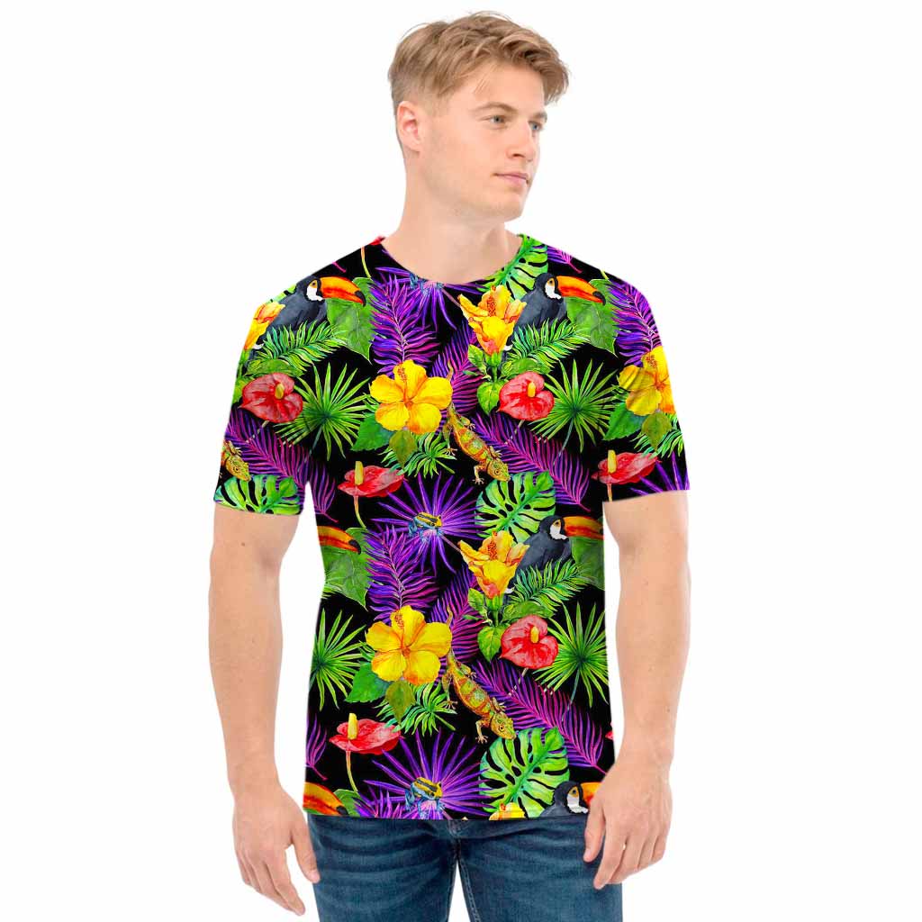 Dark Hawaiian Tropical Pattern Print Men's T-Shirt