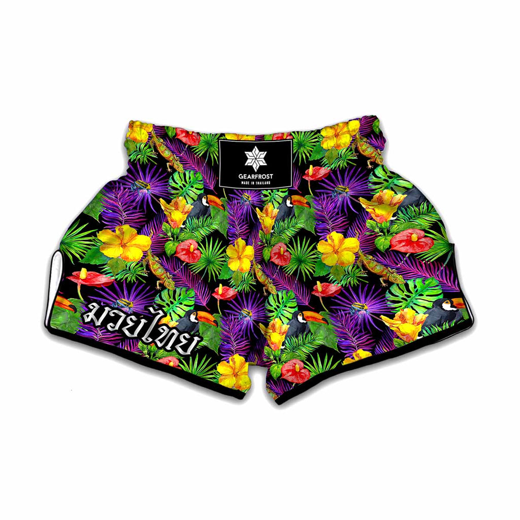 Dark Hawaiian Tropical Pattern Print Muay Thai Boxing Shorts