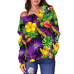 Dark Hawaiian Tropical Pattern Print Off Shoulder Sweatshirt GearFrost