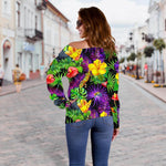 Dark Hawaiian Tropical Pattern Print Off Shoulder Sweatshirt GearFrost