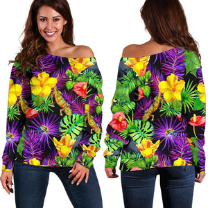 Dark Hawaiian Tropical Pattern Print Off Shoulder Sweatshirt GearFrost