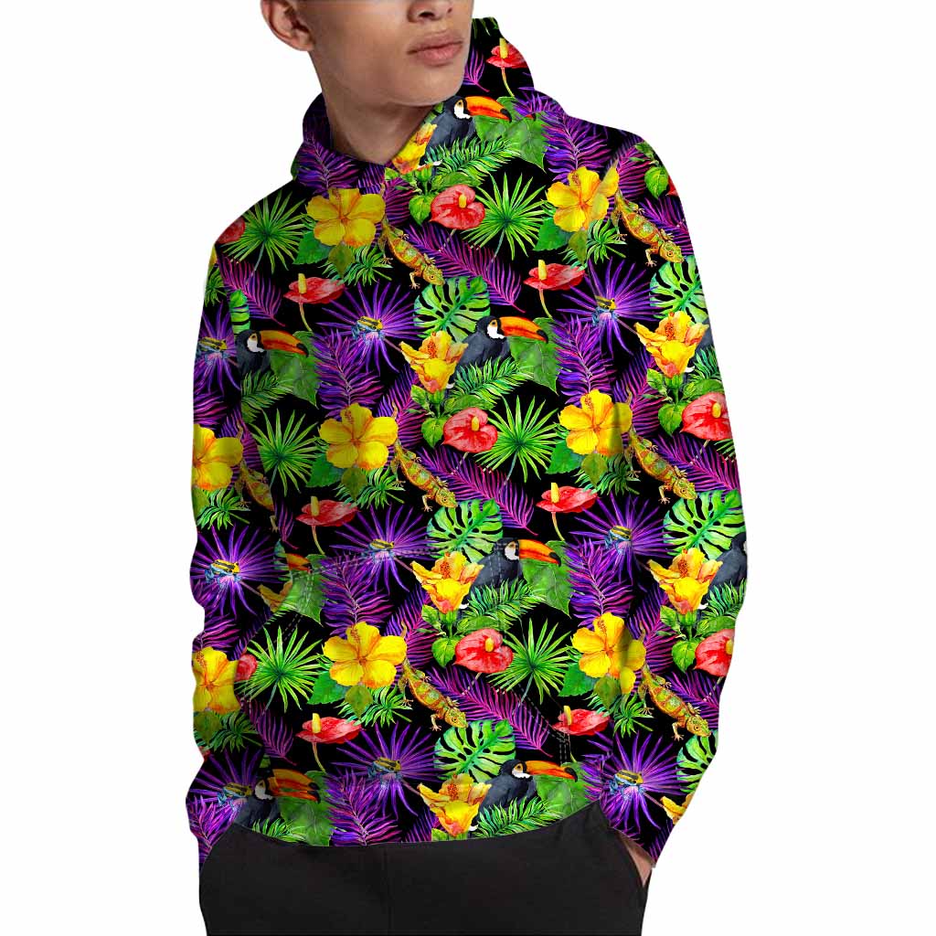 Dark Hawaiian Tropical Pattern Print Pullover Hoodie