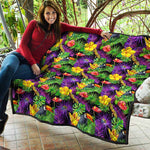 Dark Hawaiian Tropical Pattern Print Quilt