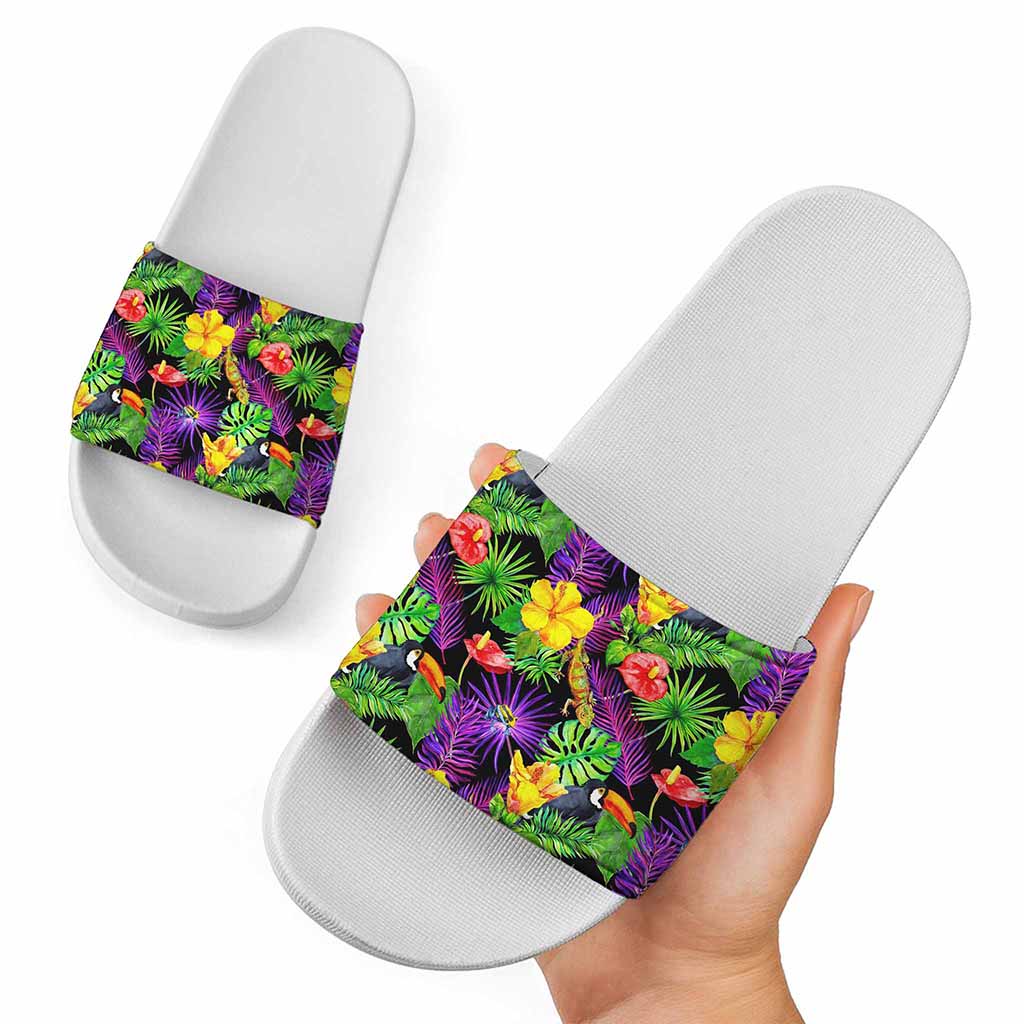 Dark Hawaiian Tropical Pattern Print White Slide Sandals