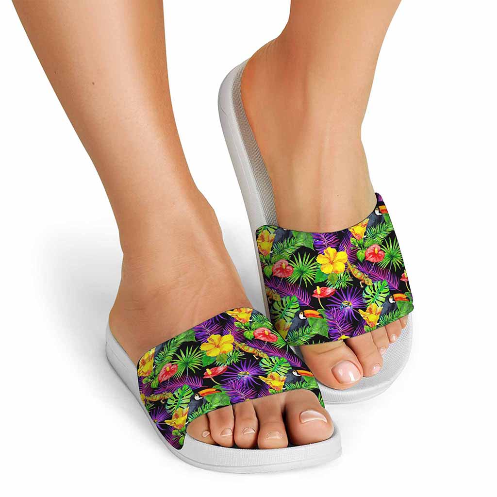 Dark Hawaiian Tropical Pattern Print White Slide Sandals