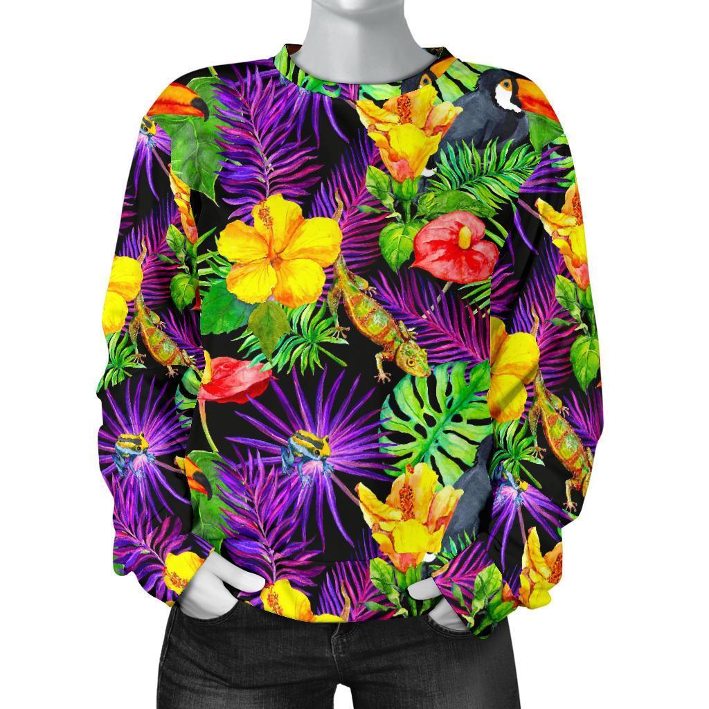 Dark Hawaiian Tropical Pattern Print Women's Crewneck Sweatshirt GearFrost