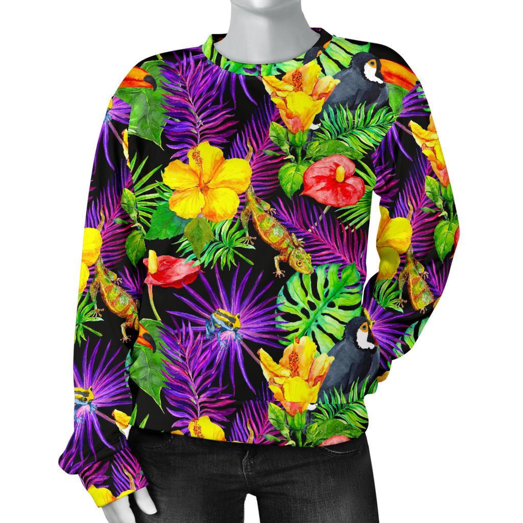 Dark Hawaiian Tropical Pattern Print Women's Crewneck Sweatshirt GearFrost