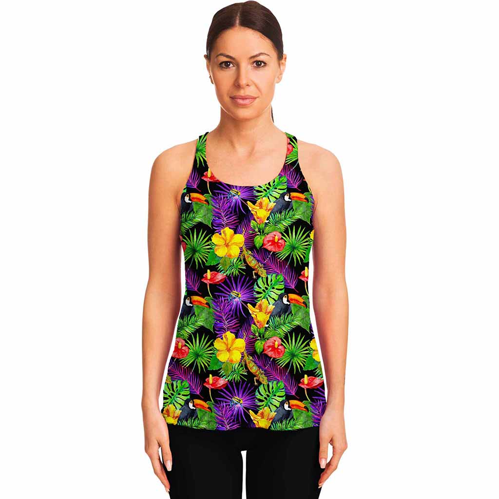 Dark Hawaiian Tropical Pattern Print Women's Racerback Tank Top