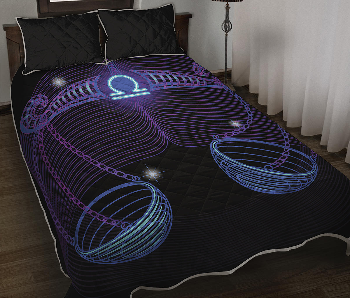 Dark Libra Zodiac Sign Print Quilt Bed Set