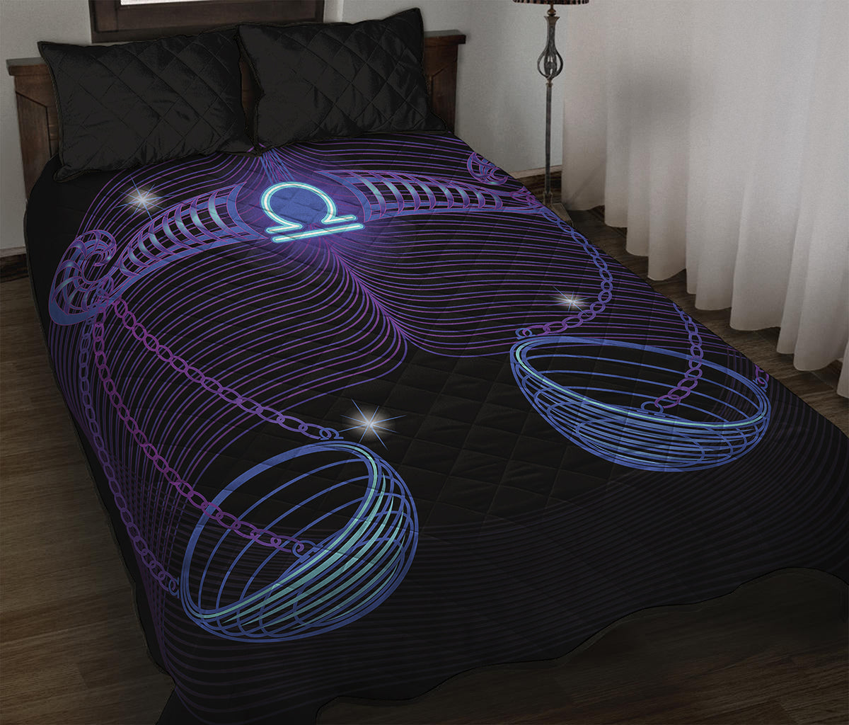 Dark Libra Zodiac Sign Print Quilt Bed Set