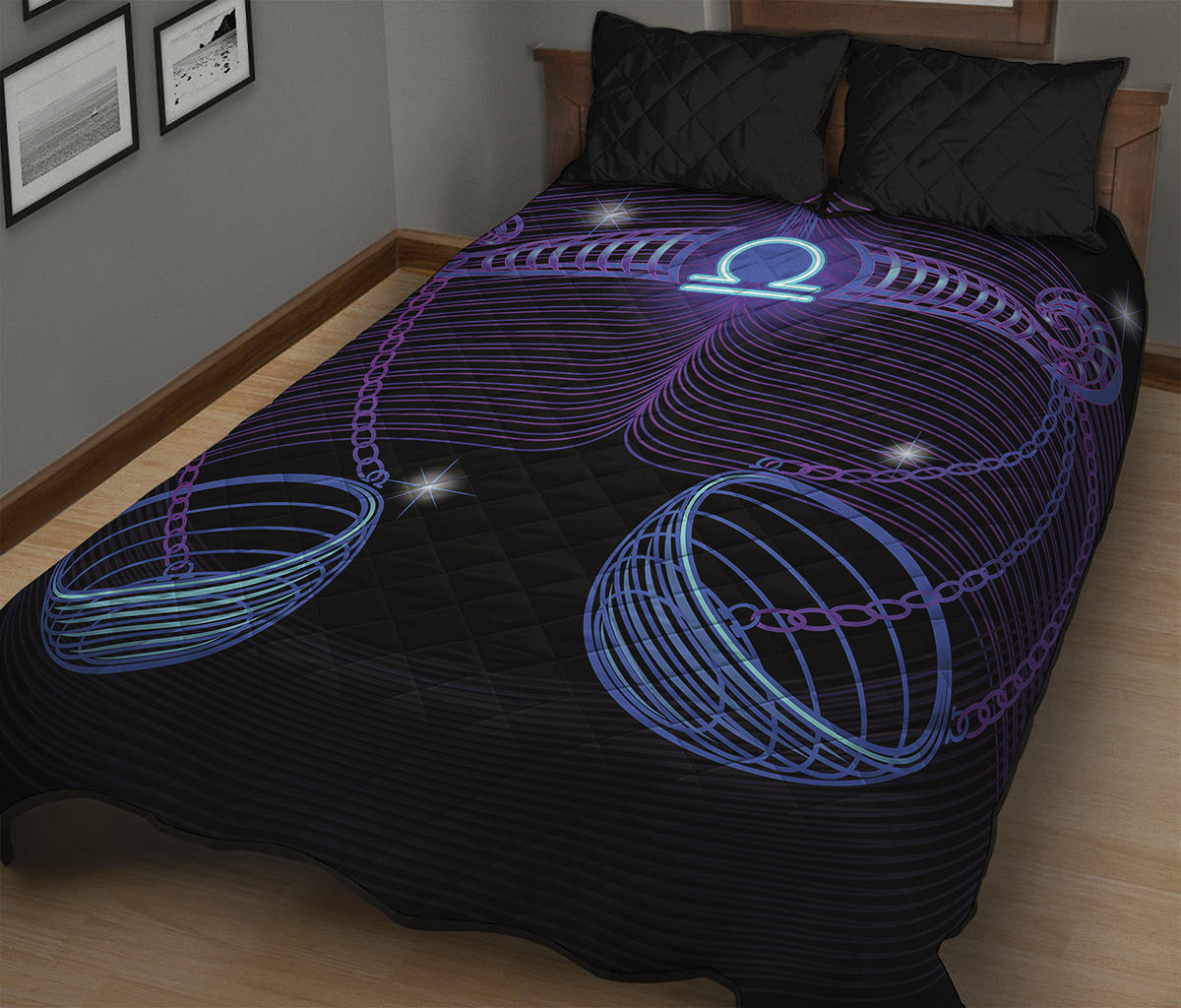 Dark Libra Zodiac Sign Print Quilt Bed Set