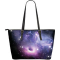 Dark Light Purple Galaxy Space Print Leather Tote Bag With Zipper