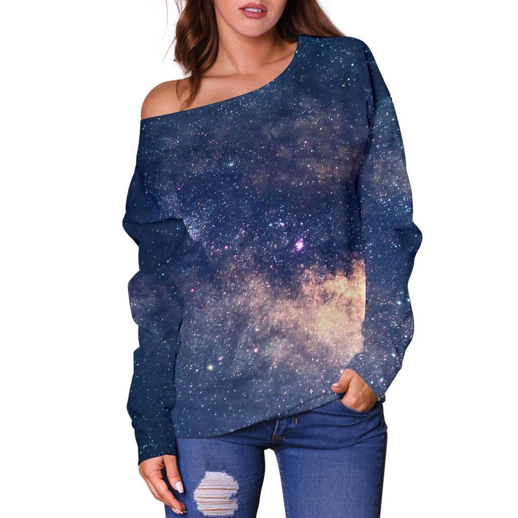 Dark Milky Way Galaxy Space Print Off Shoulder Sweatshirt GearFrost