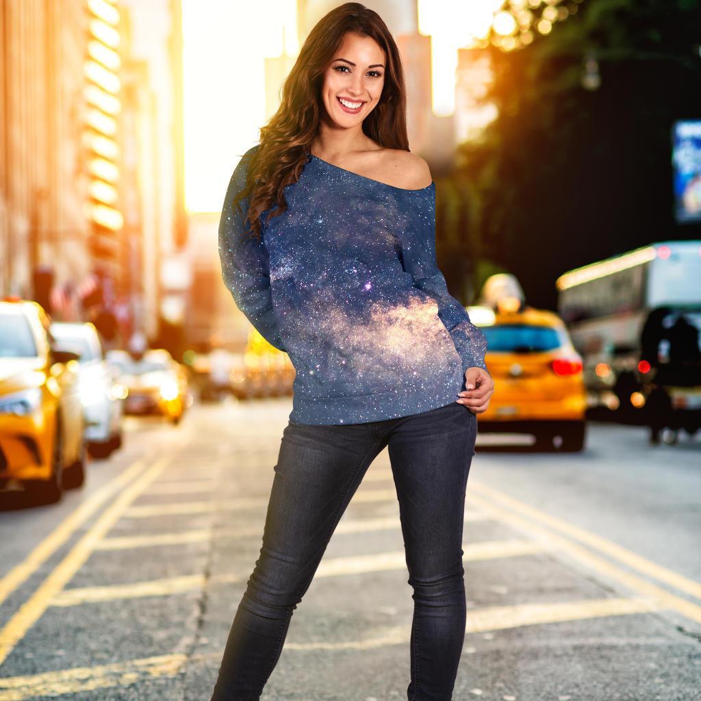 Dark Milky Way Galaxy Space Print Off Shoulder Sweatshirt GearFrost