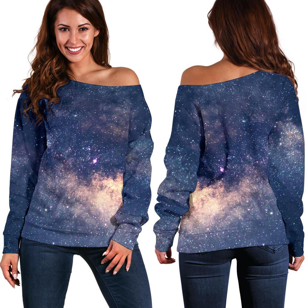 Dark Milky Way Galaxy Space Print Off Shoulder Sweatshirt GearFrost