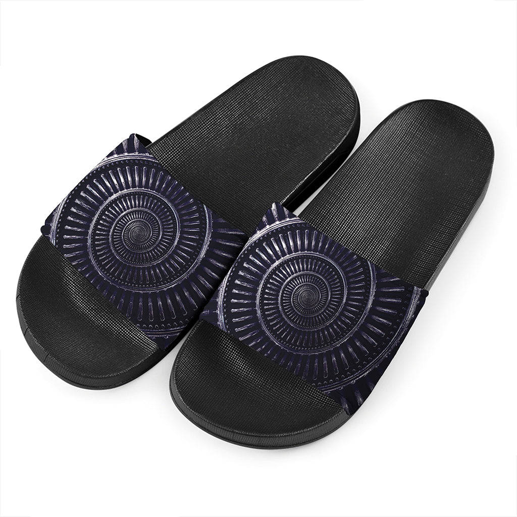 Dark Navy Metal Spiral Print Black Slide Sandals