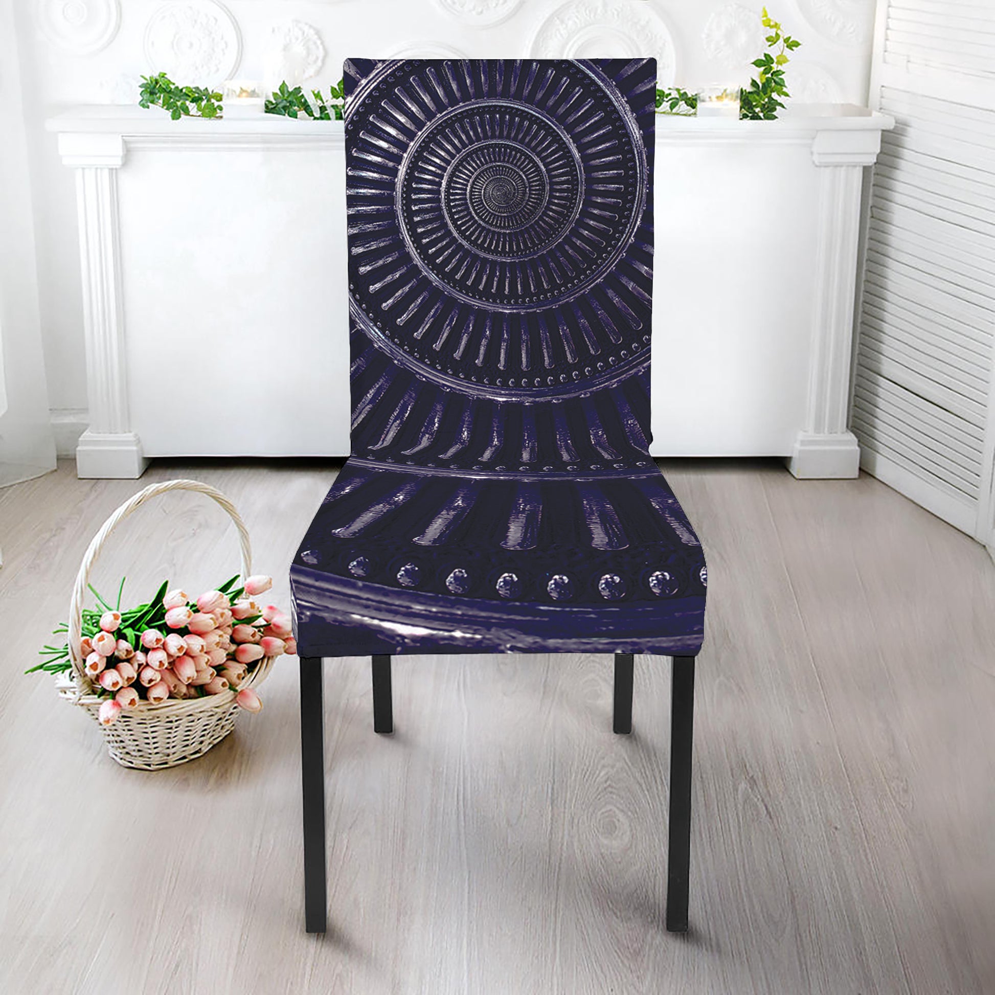 Dark Navy Metal Spiral Print Dining Chair Slipcover