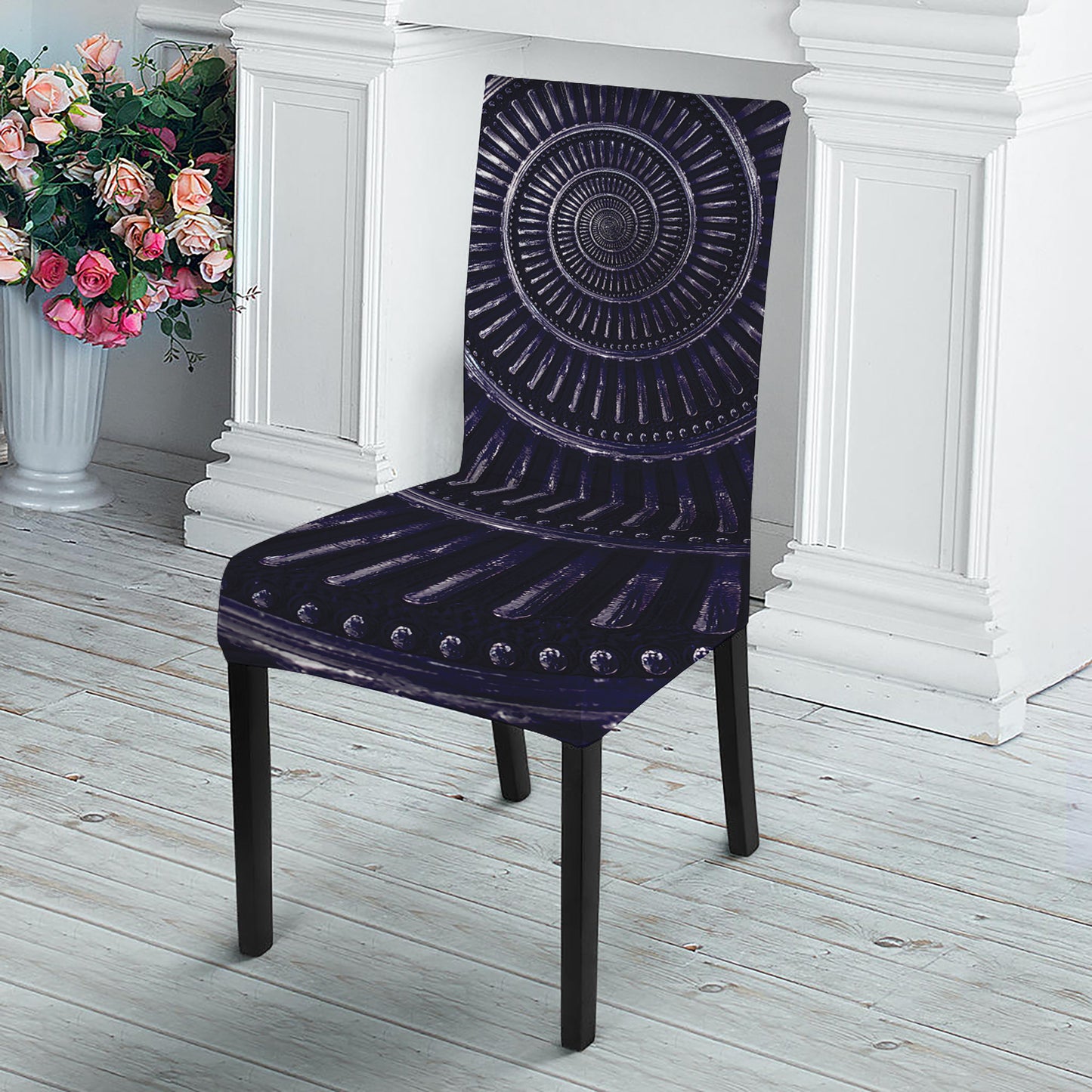 Dark Navy Metal Spiral Print Dining Chair Slipcover