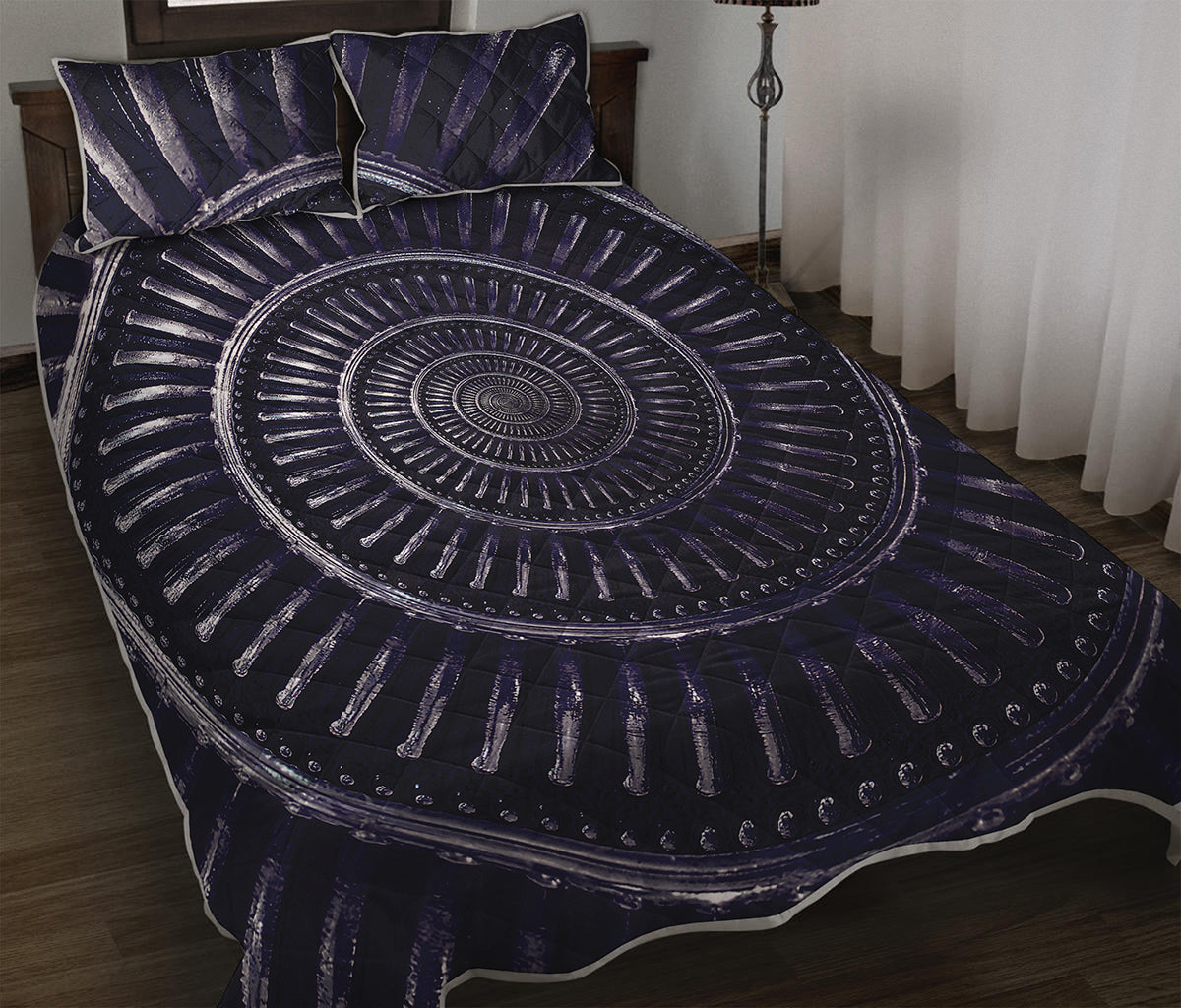 Dark Navy Metal Spiral Print Quilt Bed Set