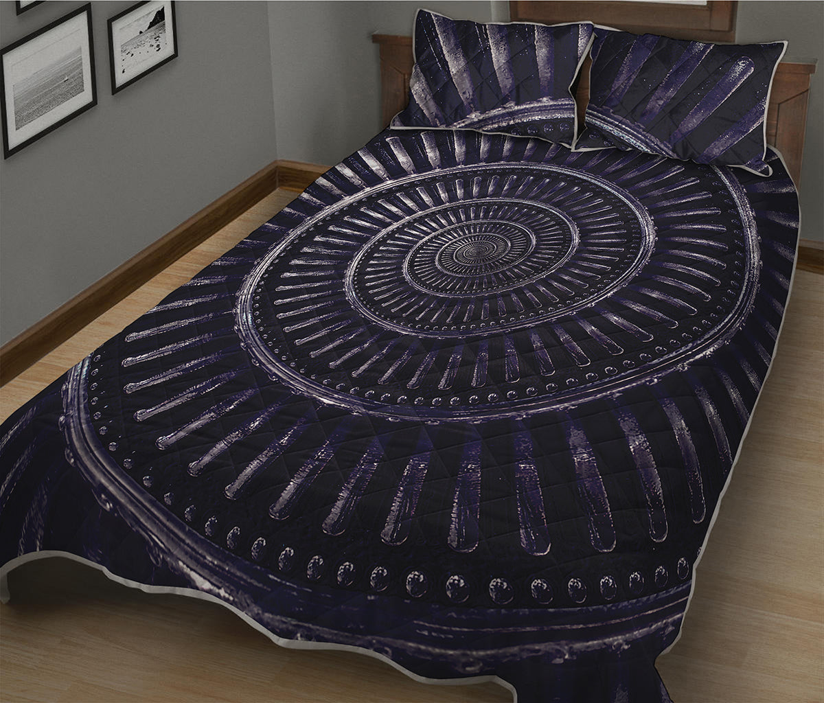 Dark Navy Metal Spiral Print Quilt Bed Set