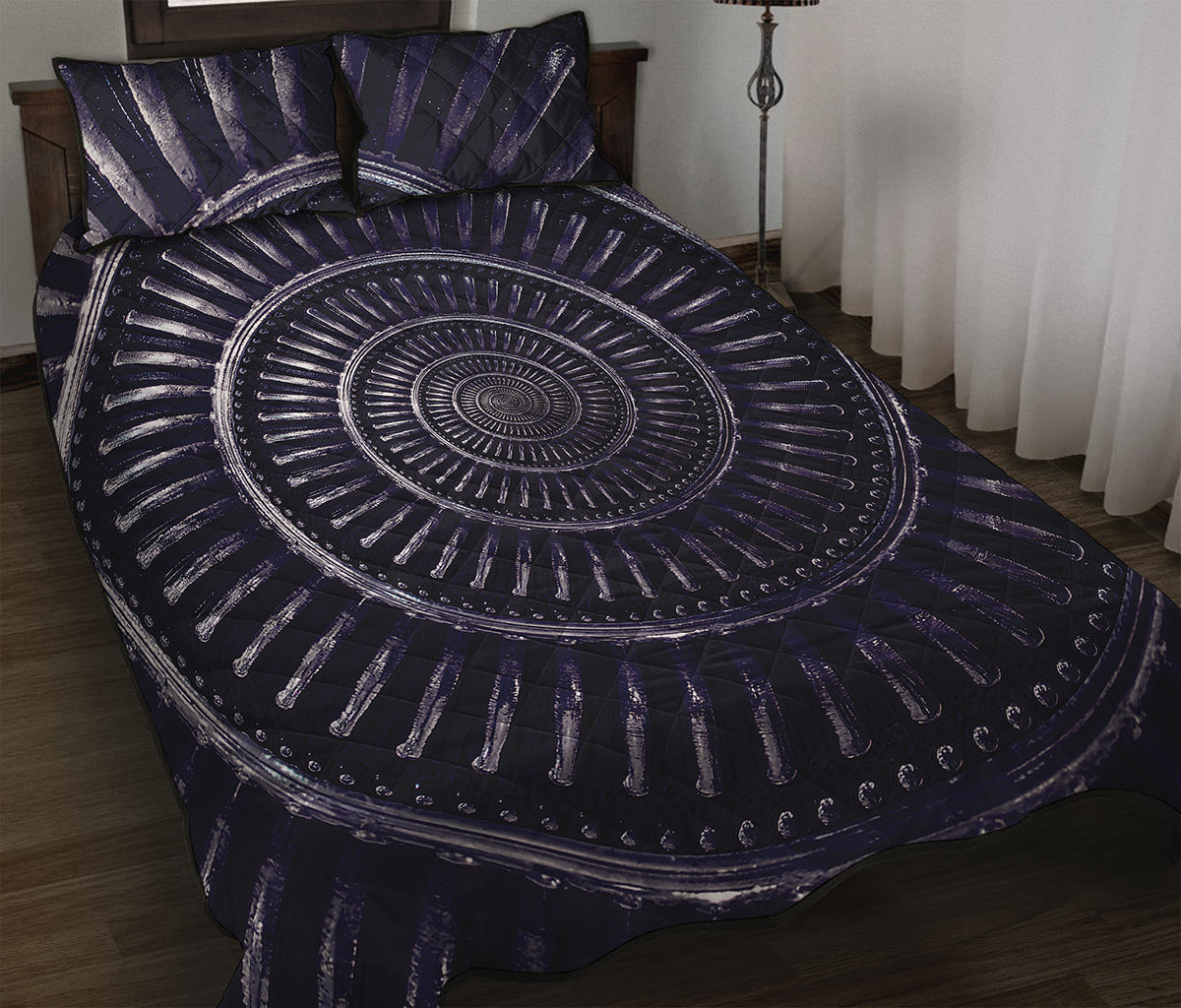 Dark Navy Metal Spiral Print Quilt Bed Set
