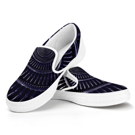 Dark Navy Metal Spiral Print White Slip On Shoes