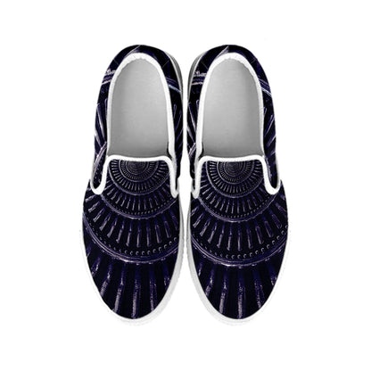 Dark Navy Metal Spiral Print White Slip On Shoes