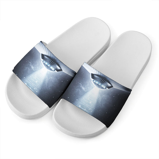 Dark Night UFO Print White Slide Sandals