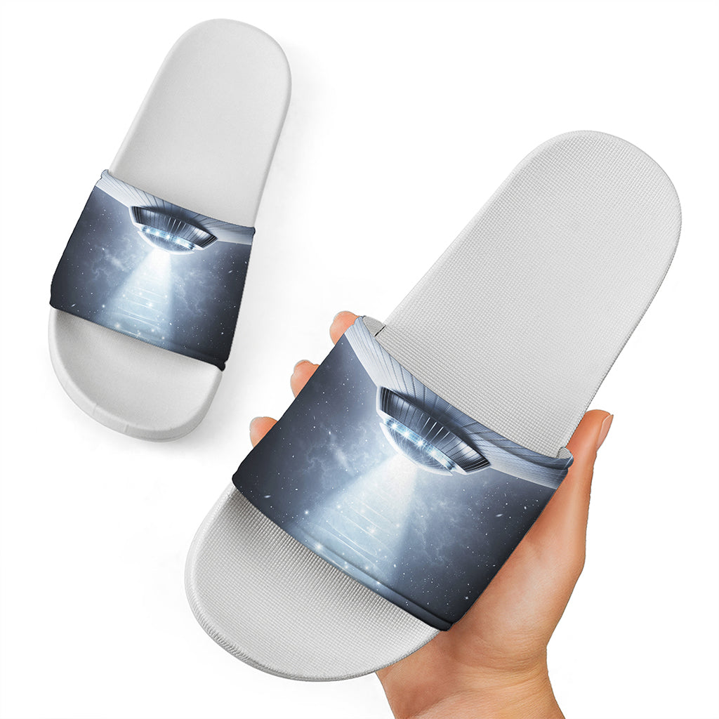Dark Night UFO Print White Slide Sandals