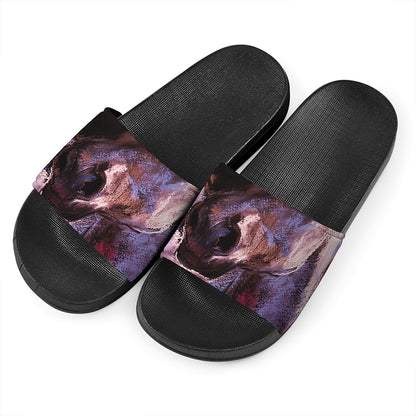Dark Pink Horse Painting Print Black Slide Sandals