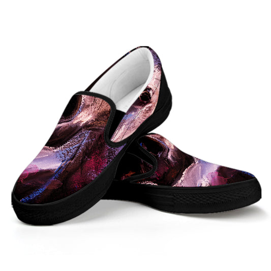 Dark Pink Horse Painting Print Black Slip On Shoes