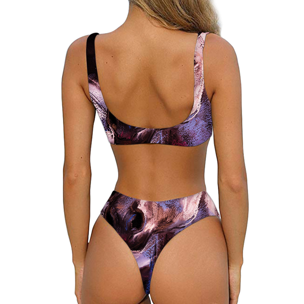 Dark Pink Horse Painting Print Front Bow Tie Bikini