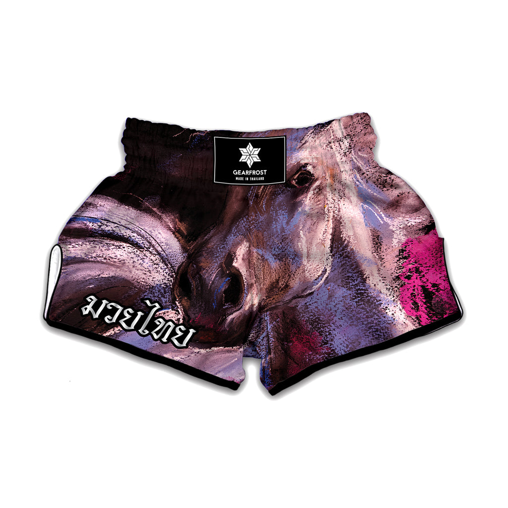 Dark Pink Horse Painting Print Muay Thai Boxing Shorts