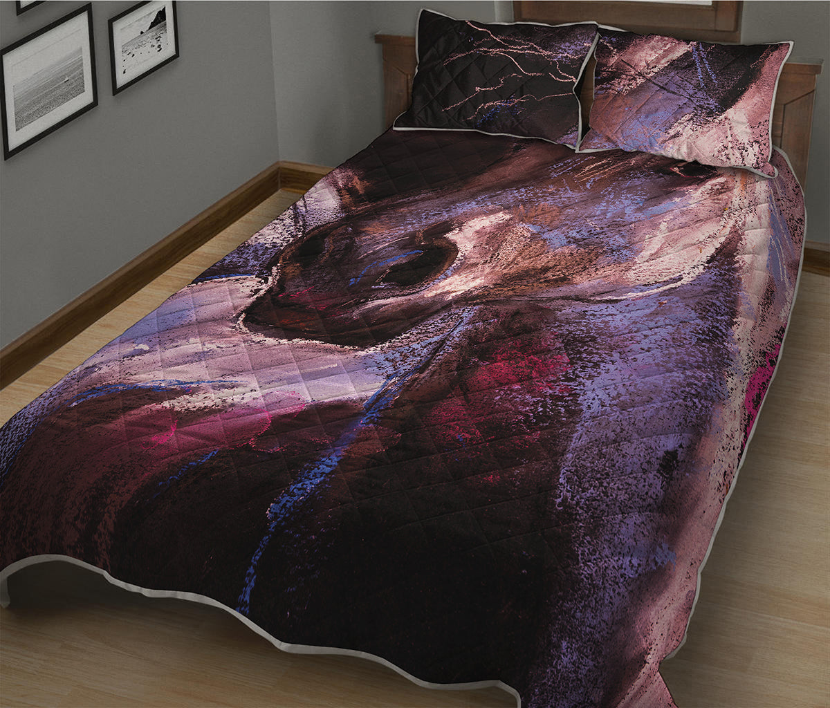 Dark Pink Horse Painting Print Quilt Bed Set