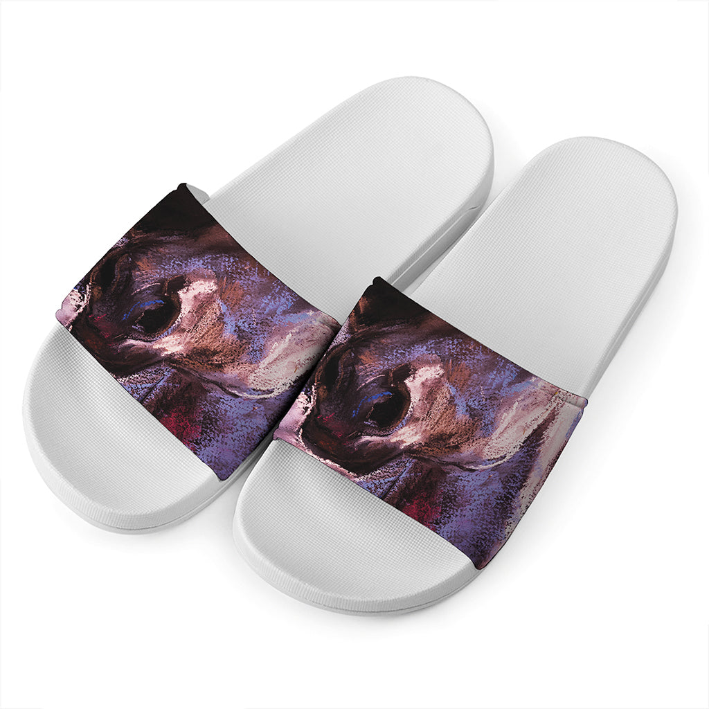 Dark Pink Horse Painting Print White Slide Sandals