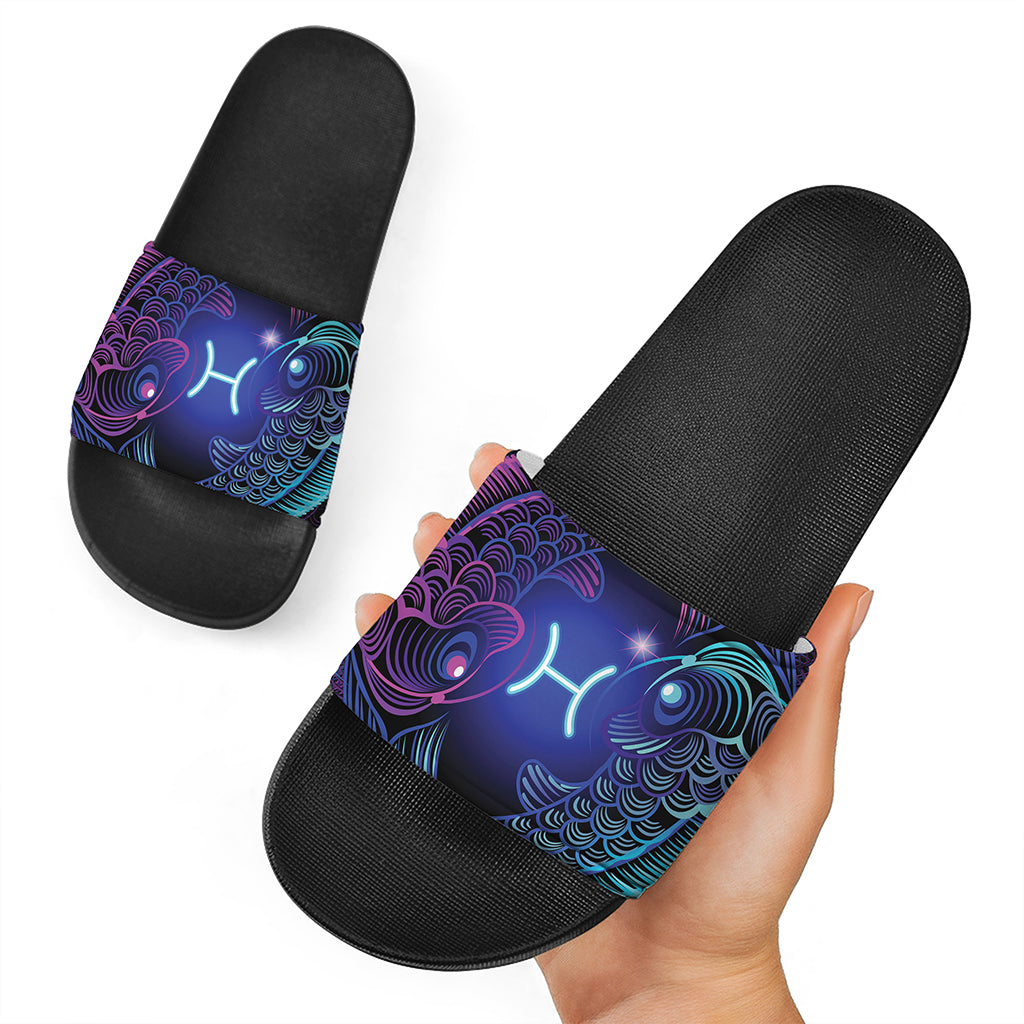 Dark Pisces Zodiac Sign Print Black Slide Sandals