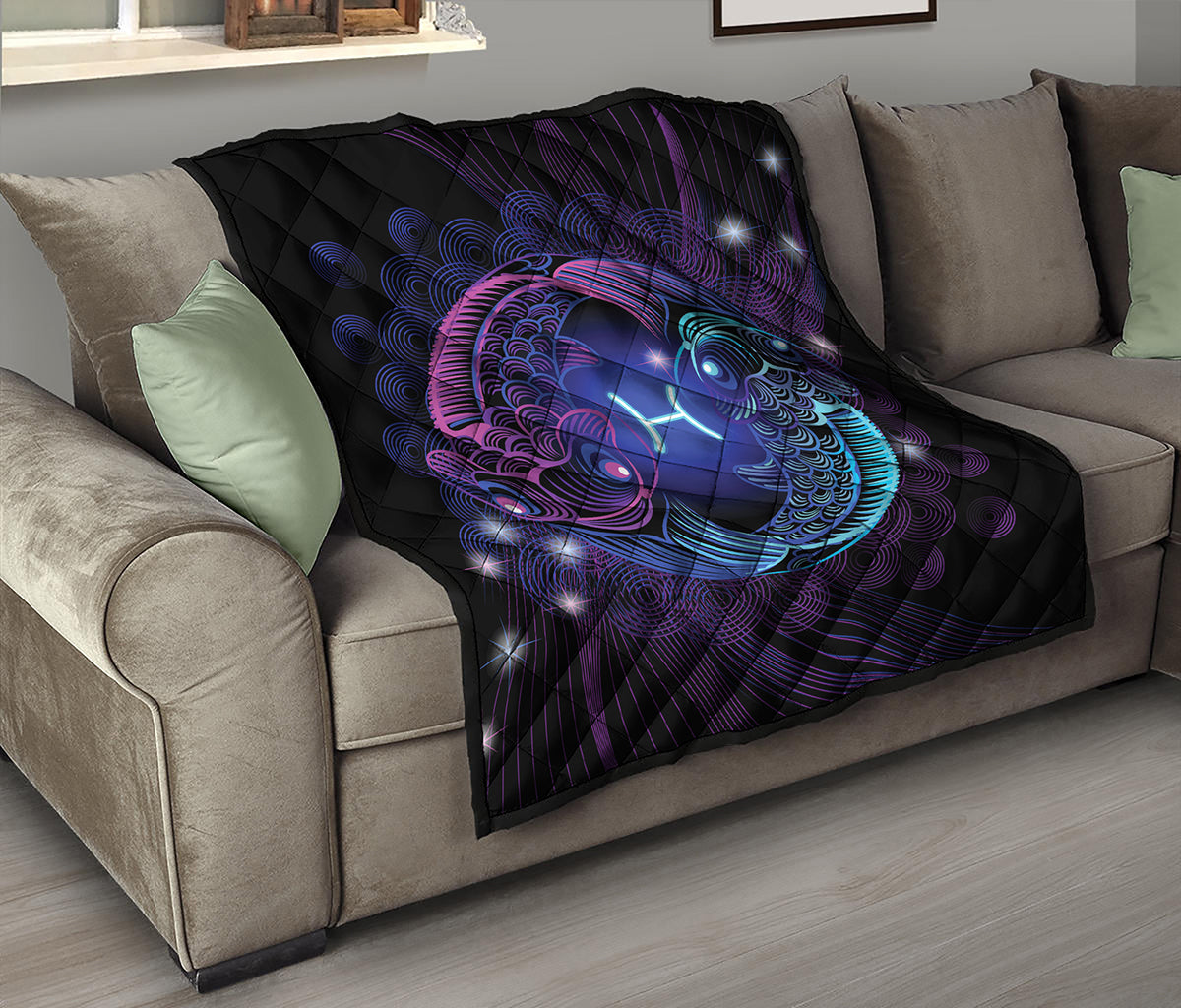 Dark Pisces Zodiac Sign Print Quilt