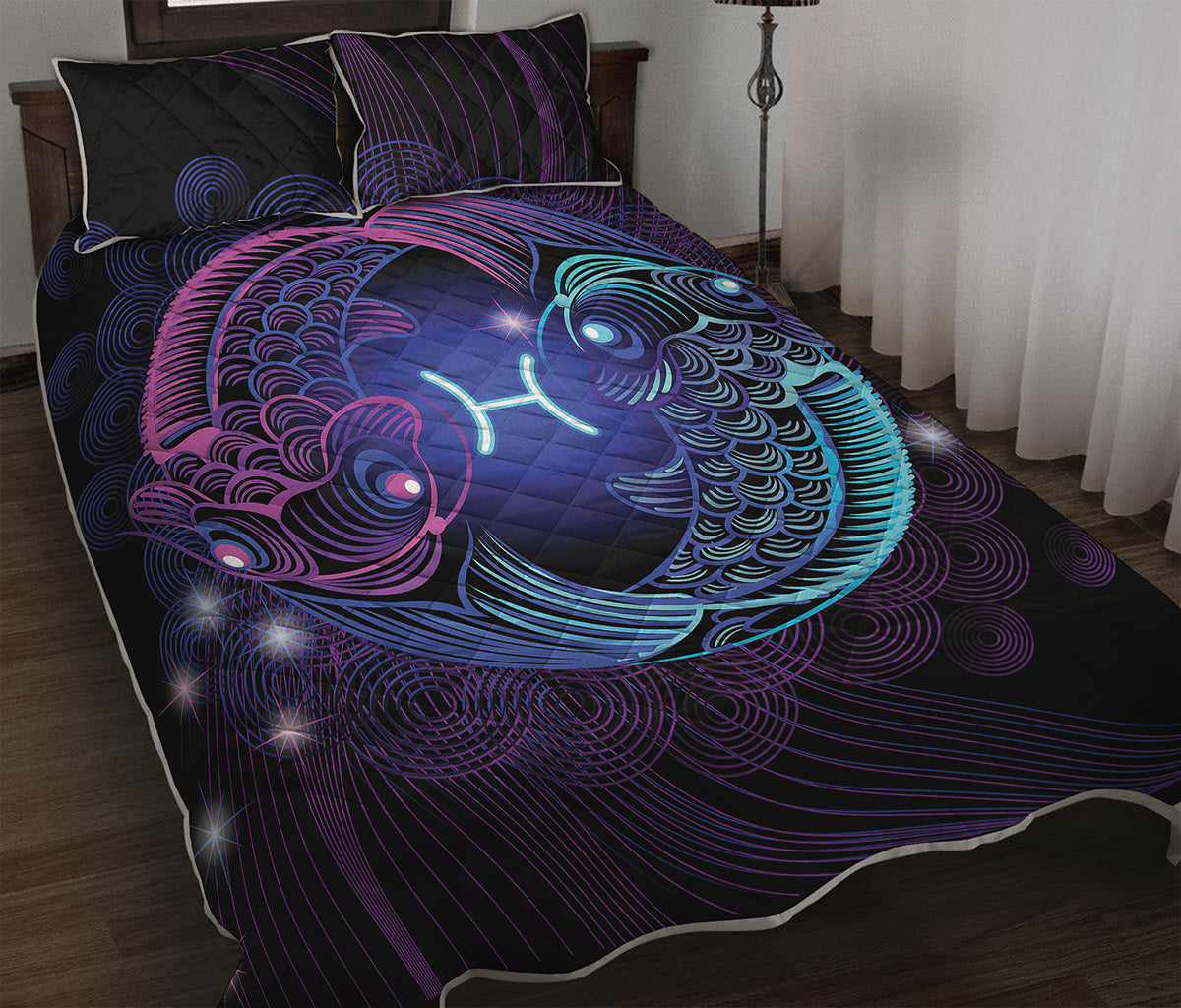 Dark Pisces Zodiac Sign Print Quilt Bed Set