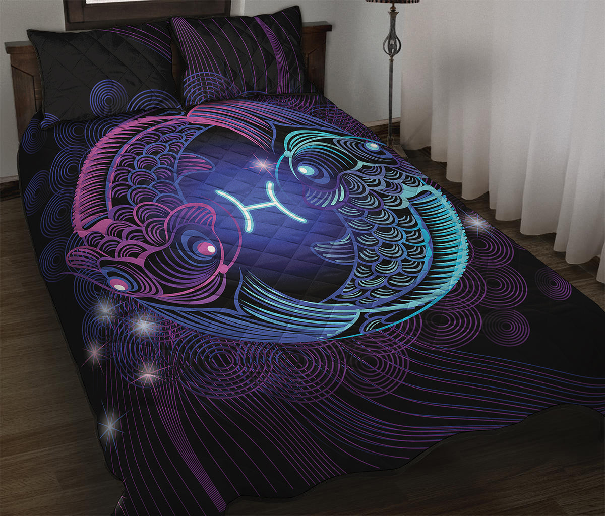 Dark Pisces Zodiac Sign Print Quilt Bed Set